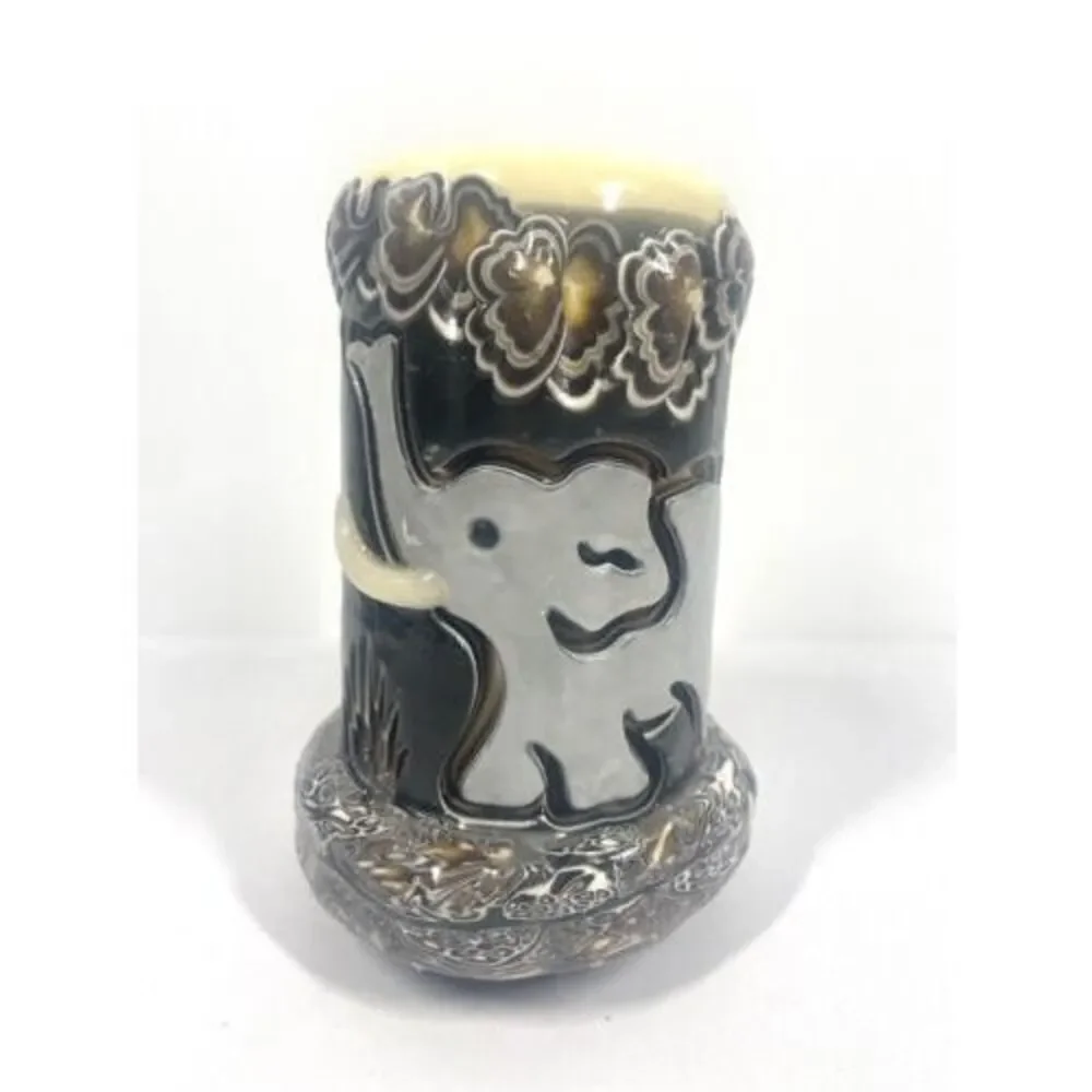 Vintage HOLLAND HOUSE CANDLE Brown & Gold Elephant Handmade Carved 8”